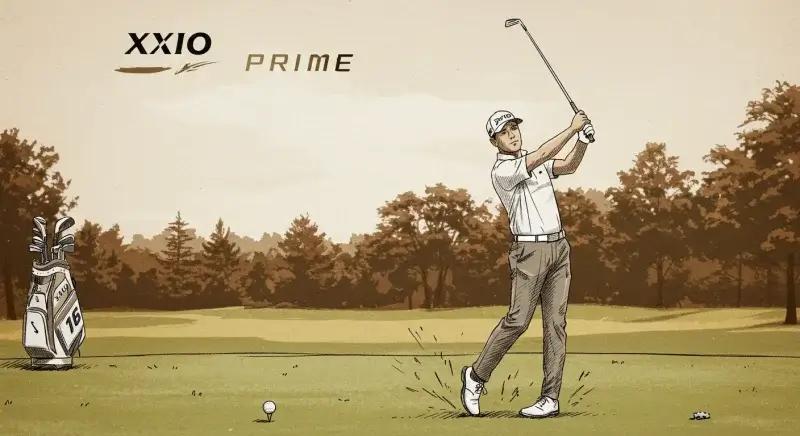 ゼクシオプライムドライバーでスイングするゴルファーの手描き風イラスト