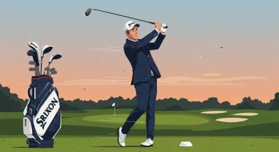 エグゼクティブ風ゴルファーが夕陽の中でスリクソンを振るフラットベクターイラスト