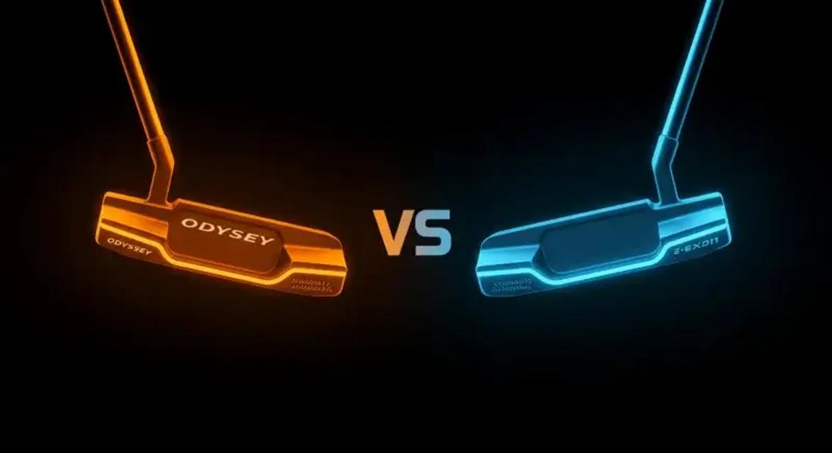 向かい合う二つの抽象的パターシルエットで「オデッセイ vs PING」の対決を表現したイラスト。ロゴは境界に配置。