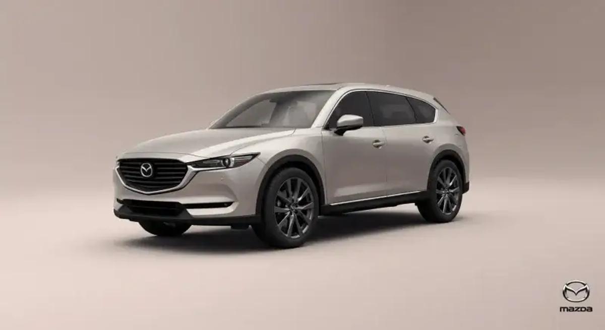 CX-8の「賢い積載性」と「空間バランス」を抽象的に表現したイラスト。穏やかな色彩と柔らかな曲線で、スマートさと調和を感じさせる。画像の端にマツダロゴあり。