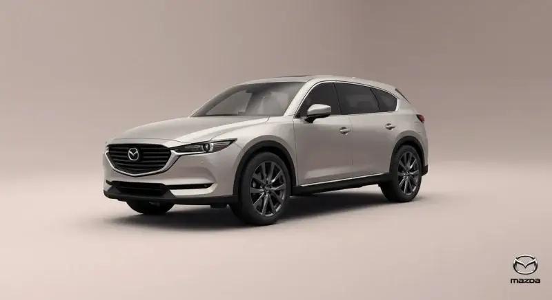 CX-8の「賢い積載性」と「空間バランス」を抽象的に表現したイラスト。穏やかな色彩と柔らかな曲線で、スマートさと調和を感じさせる。画像の端にマツダロゴあり。