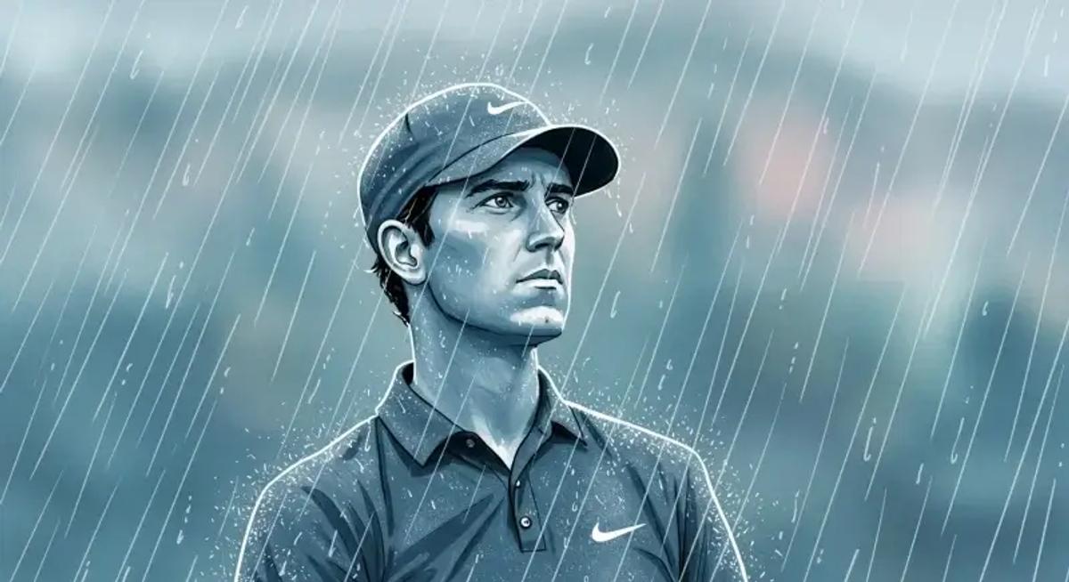 雨天でも視界と集中力を保つゴルファーのテクニックを描いた抽象的なイラスト