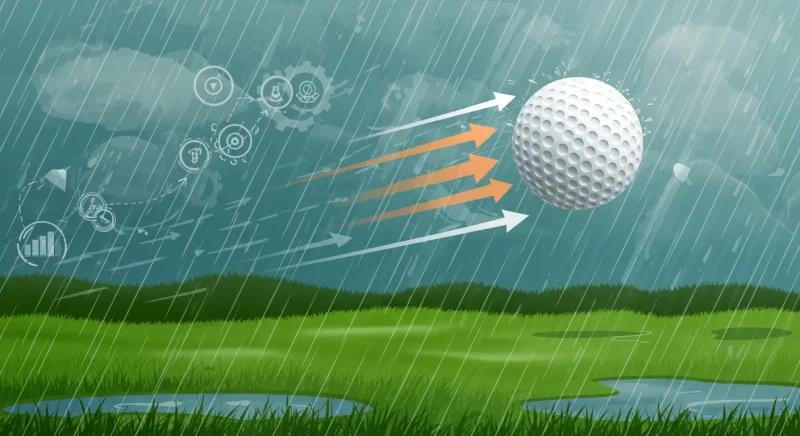 梅雨の雨の中でも飛距離を伸ばす戦略を示す抽象的なゴルフボールの飛行イラスト|雨天時のスコアアップと戦略的思考を視覚化