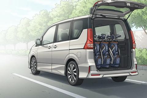 新型セレナ風のミニバンが朝の駐車場でテールゲートを開け、複数のゴルフバッグをきれいに積載している漫画風イラスト。