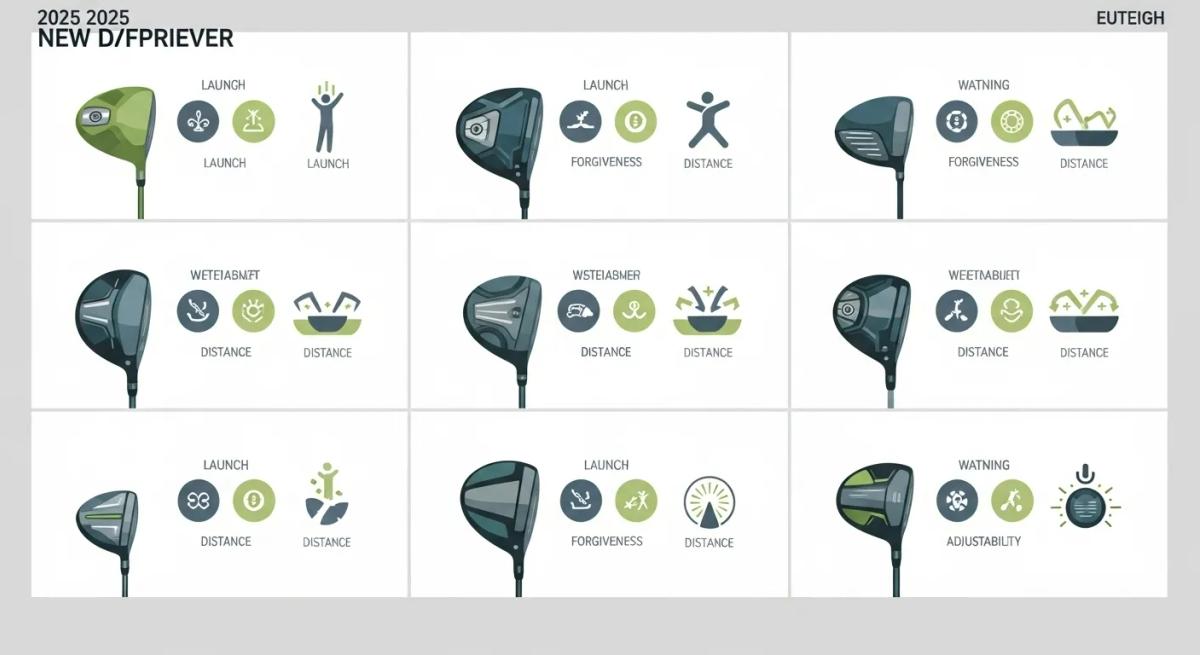 2025年秋以降の新作ゴルフドライバーを比較するイメージ。フラットデザインで整然と並んだレイアウト、ブランドロゴが端に配置された構成。