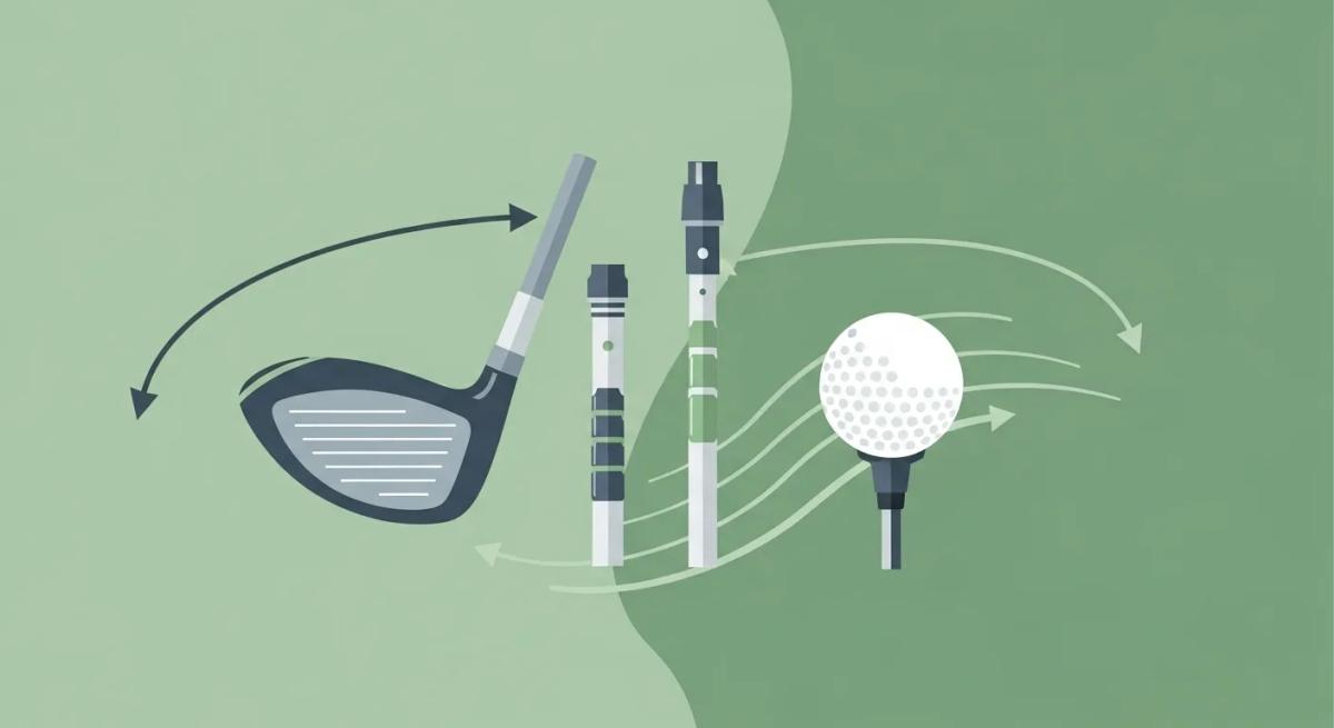 スイングスピードを上げるためのギア戦略を表現したフラットデザイン。ドライバーやボール、矢印で性能向上を示す構成。緑や青系の落ち着いた配色で統一し、端にロゴを配置。