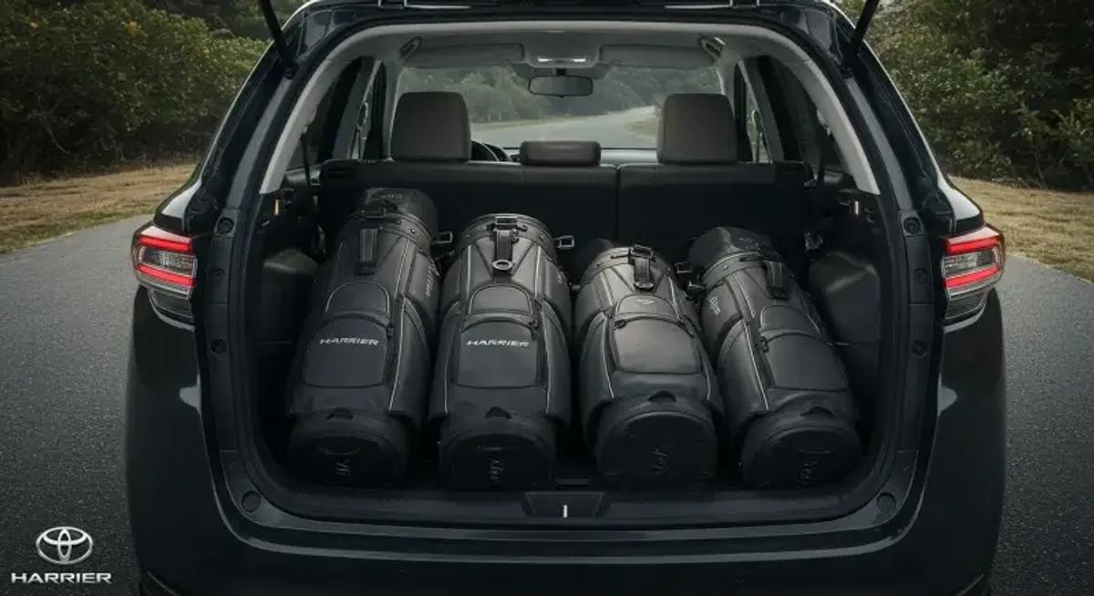 ハリアーの荷室に複数のゴルフバッグを試行錯誤して積んだ様子。実証的な視点を表現。画像端に小さなロゴ。
