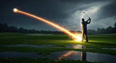 梅雨のゴルフで飛距離を伸ばす抽象的なビジュアル｜雨天・フェアウェイ・クラブ調整・ゴルフボールのイメージ