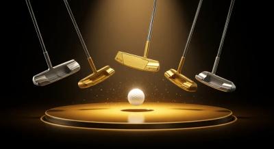 センターシャフト名器パターTOP5をランキング形式で並べ、頂点のモデルを強調した抽象的アイキャッチイラスト