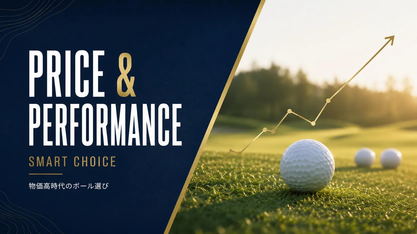 物価高時代のゴルフボール選びをイメージした画像。大きく「PRICE & PERFORMANCE」と表示し、芝生の上のゴルフボールと上昇ラインで価格と性能のバランスを表現している