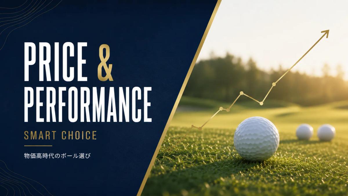 物価高時代のゴルフボール選びをイメージした画像。大きく「PRICE & PERFORMANCE」と表示し、芝生の上のゴルフボールと上昇ラインで価格と性能のバランスを表現している