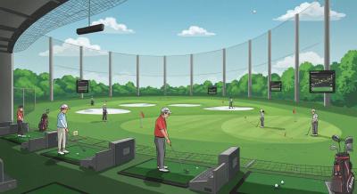 東京・埼玉の200ヤード超えゴルフ練習場を描いた抽象的イラスト。トラックマンのデータ表示やゴルファーが打席で練習する様子が描かれている。