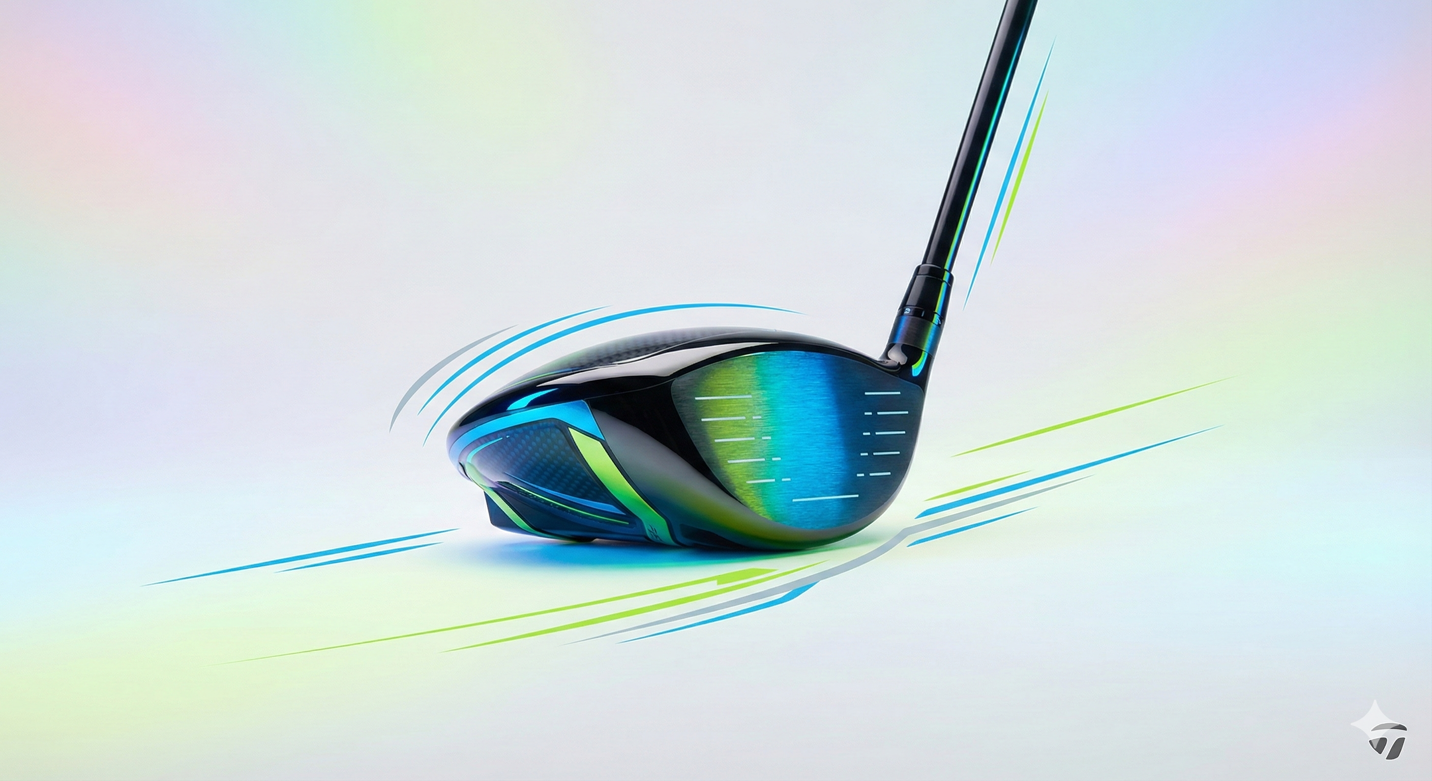 先進素材と進化した設計思想を象徴するゴルフドライバーを、ポップでダイナミックな光の演出と共に表現したイメージ