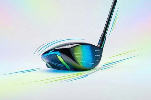 先進素材と進化した設計思想を象徴するゴルフドライバーを、ポップでダイナミックな光の演出と共に表現したイメージ