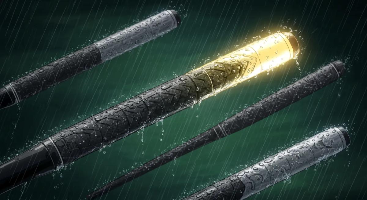 「雨が降る中で複数のゴルフグリップが濡れて滑りそうになる中、1本だけが輝いてしっかり握れる様子を漫画風に描いたイラスト。