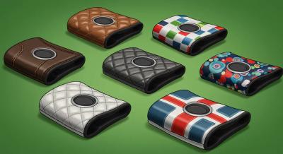 センターシャフト用パターカバーの形を反映した漫画風イラスト。中央にシャフトが通るマレット型カバーが複数並び、革製やカラフルな布製、モダンなスポーティデザインなど、バリエーション豊かに描かれている。