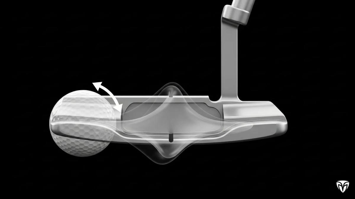 パターがボールに優しく当たりながらも、力がロスせず転がりが伸びるという打感のパラドックスを表現したイメージ。具体的なモデルを特定できない一般的なパター形状で、衝突の瞬間の柔らかさとエネルギー伝達の良さを描写。色調とタッチは統一し、ロゴは画像端に1箇所のみ配置。被写体へのロゴ挿入は禁止。