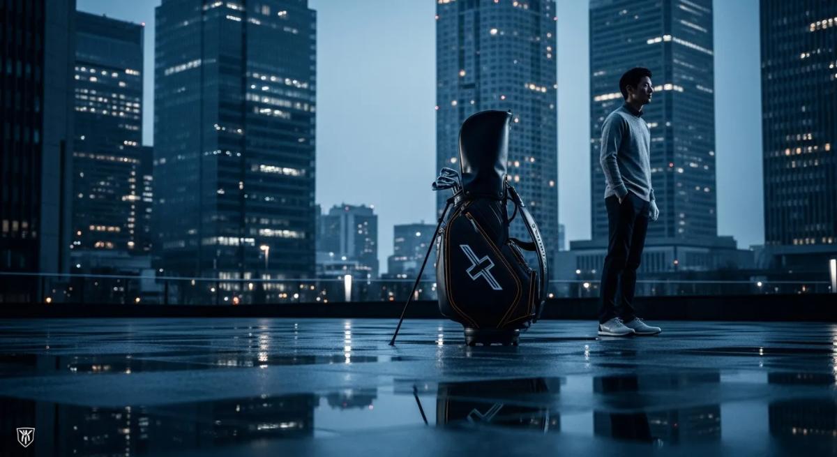 東京のモダンな空間で、世界的ブランドのゴルフバッグを見つめるゴルファー。クールな照明と静かなトーンが、「満足できない理由」を象徴的に表現している。