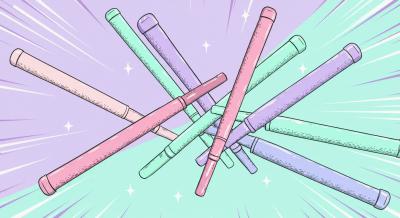 おしゃれでかわいいゴルフグリップを並べ、パステル調の色合いでポップに描いた漫画風イラスト。キラキラとした演出付き。