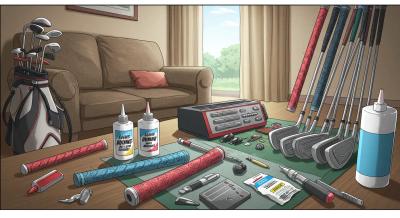 自宅の工房のようにゴルフクラブ、交換用グリップ、接着剤、工具が並んだ様子を漫画風に描いたイラスト。鮮やかで少しコミカルなタッチ。