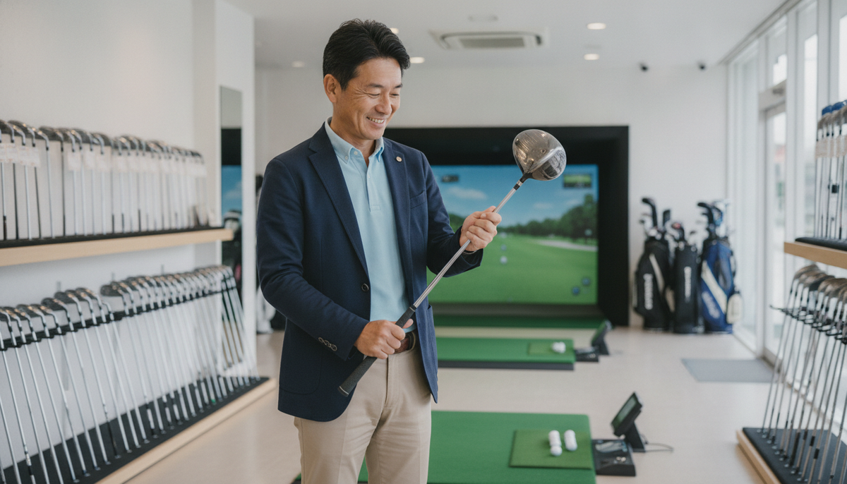 中古クラブ市場の歩き方を実践し、ゴルフショップで満足そうにドライバーを選ぶ50代の男性