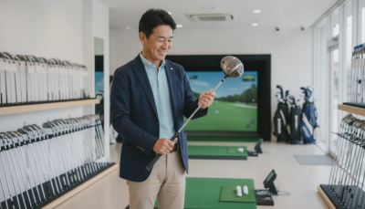中古クラブ市場の歩き方を実践し、ゴルフショップで満足そうにドライバーを選ぶ50代の男性