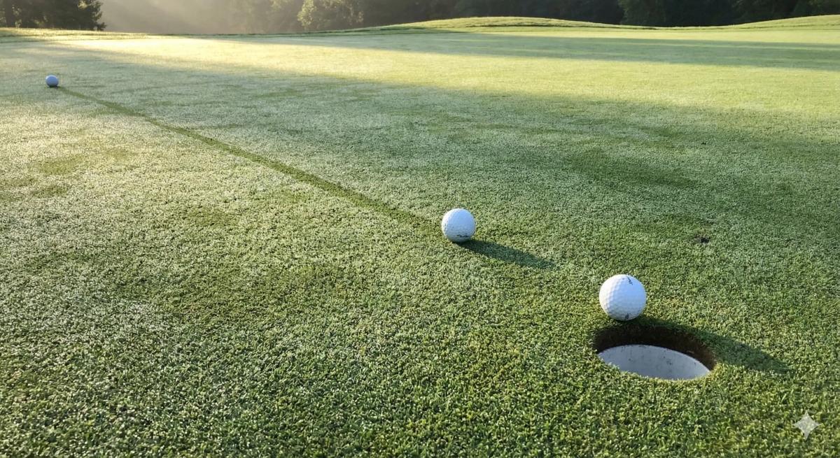カップから大きく外れた位置に止まっているゴルフボール。距離感のミス（寄せきれない状態）を表現。