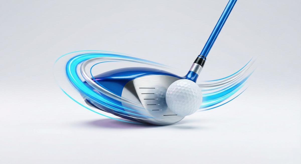 ミスヒットへの強さと安定感を、青と銀のポップなエネルギーの軌跡で表現したゴルフドライバーとボールのイメージ