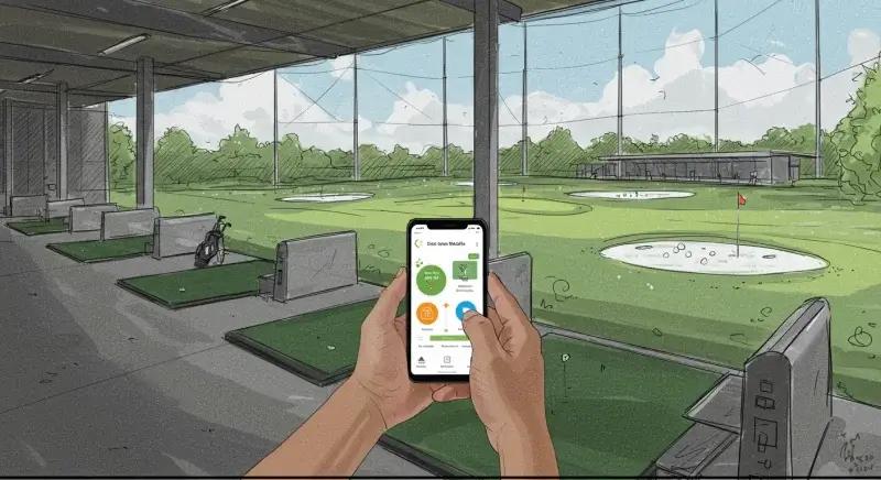 スマートフォンで打席予約をする様子と練習場の背景