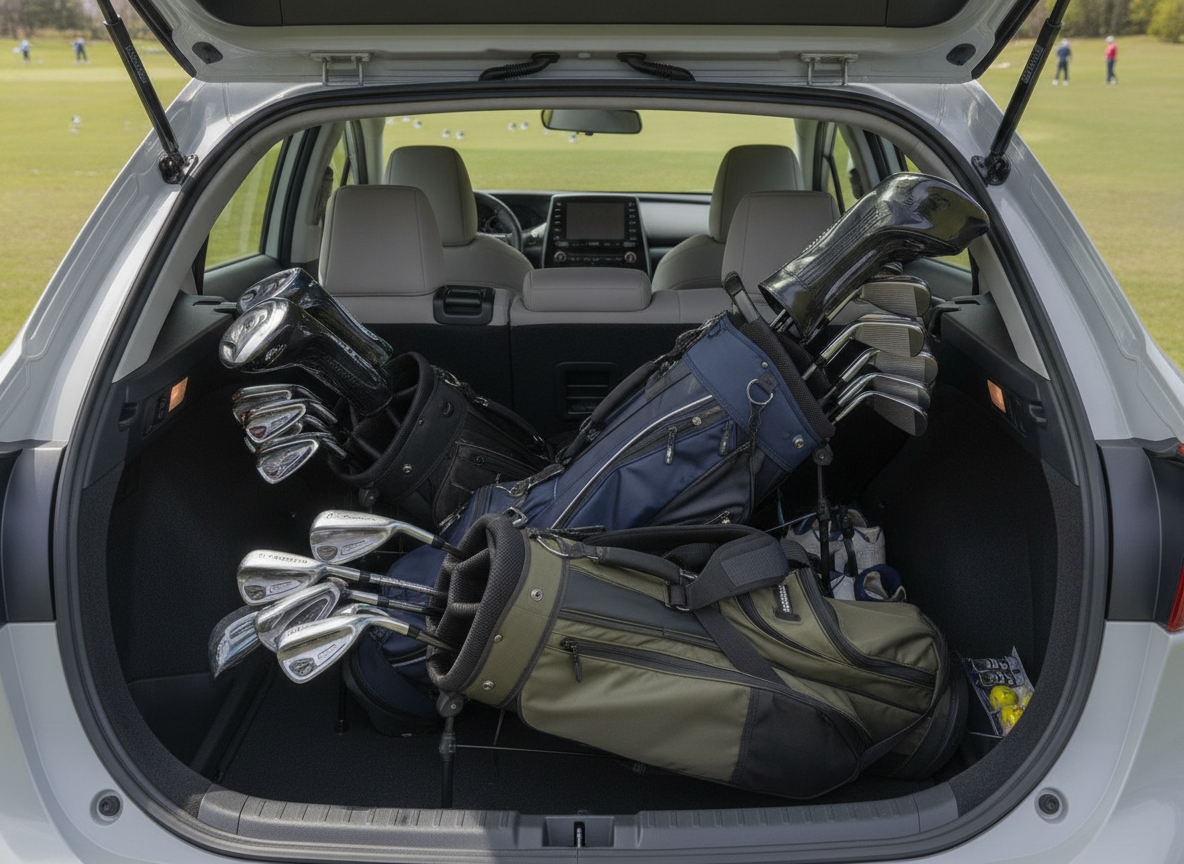 新型プリウスの荷室。後部座席の片側が倒され、3つのゴルフバッグが積まれている。
