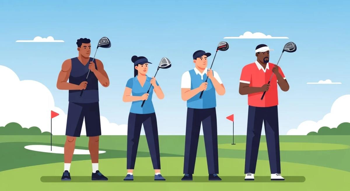 体格の異なるゴルファーが新作ドライバーを選ぶ様子を表すフラットデザイン。多様性とバランスを重視した構成で、ブランドロゴが端に配置されている。