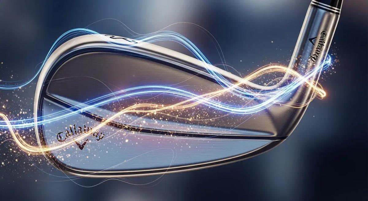 光のラインと粒子が流れるように描かれた抽象的なアイアンのクローズアップ。飛距離とテクノロジーを象徴する構成で、具体的なデザインは曖昧に。端にキャロウェイロゴを配置。