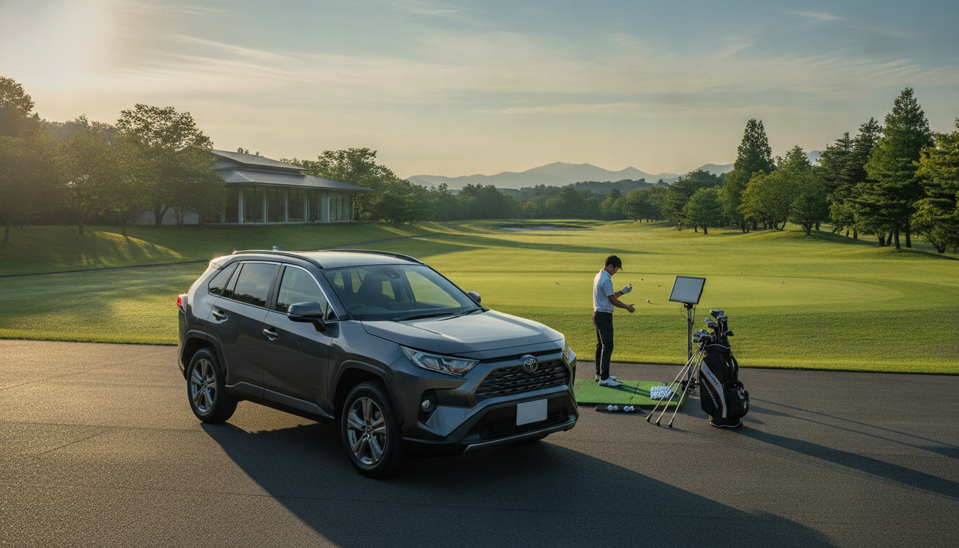 高級ゴルフ場の駐車場に停められたトヨタRAV4。朝日を浴びてスタイリッシュな外観が際立っている。
