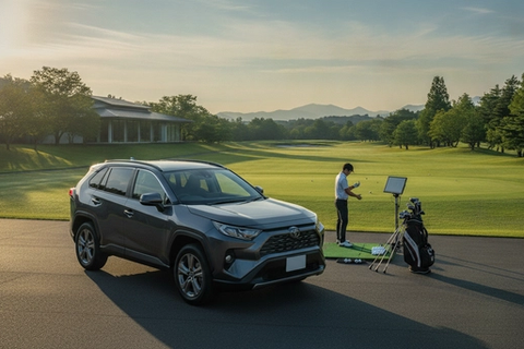 高級ゴルフ場の駐車場に停められたトヨタRAV4。朝日を浴びてスタイリッシュな外観が際立っている。