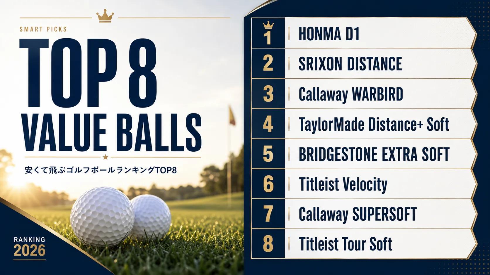 安くて飛ぶゴルフボールランキングTOP8を紹介する画像。HONMA D1、SRIXON DISTANCE、Callaway WARBIRDなどの順位を一覧で示し、コスパ重視で選びやすい構成にしている