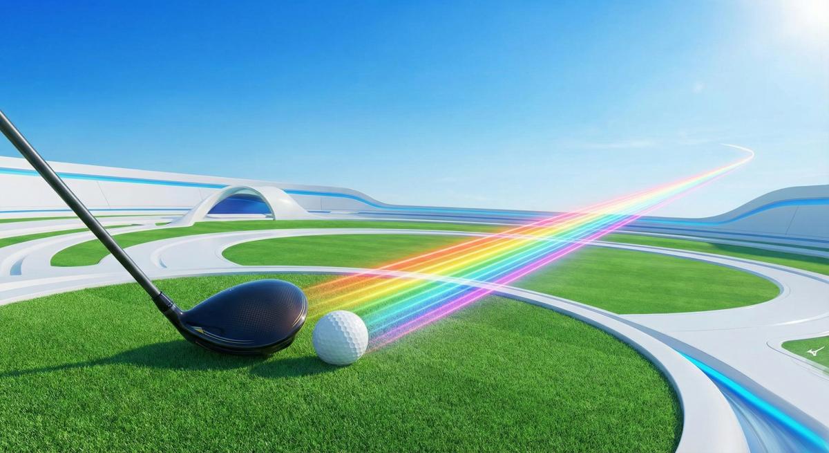 一打ごとの安定した飛距離と信頼感を、未来的なゴルフコースと虹色の軌跡でポップに表現したビジュアル