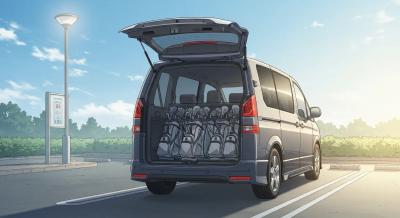 朝の澄んだ駐車場で、背の高いミニバンがテールゲートを開け、多数の細長いゴルフバッグがすっきり積まれている漫画風イラスト。朝日で柔らかな影が伸び、清々しい雰囲気。