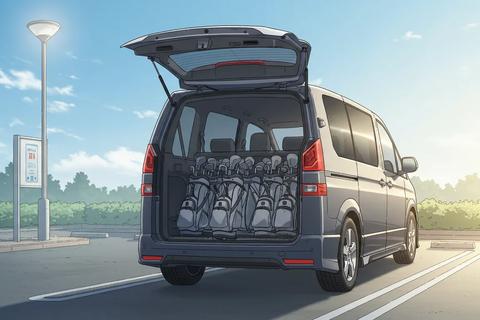 朝の澄んだ駐車場で、背の高いミニバンがテールゲートを開け、多数の細長いゴルフバッグがすっきり積まれている漫画風イラスト。朝日で柔らかな影が伸び、清々しい雰囲気。