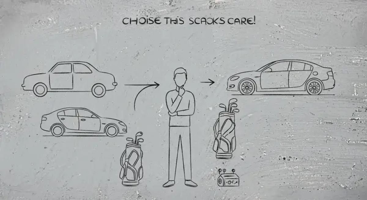 複数の車を前に悩む人物とゴルフバッグを象徴的に描いたイメージ。積載性をめぐる選択の難しさを表現。