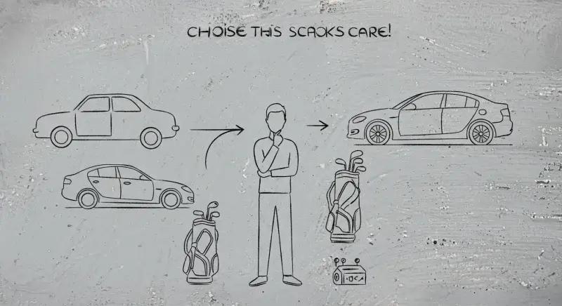 複数の車を前に悩む人物とゴルフバッグを象徴的に描いたイメージ。積載性をめぐる選択の難しさを表現。