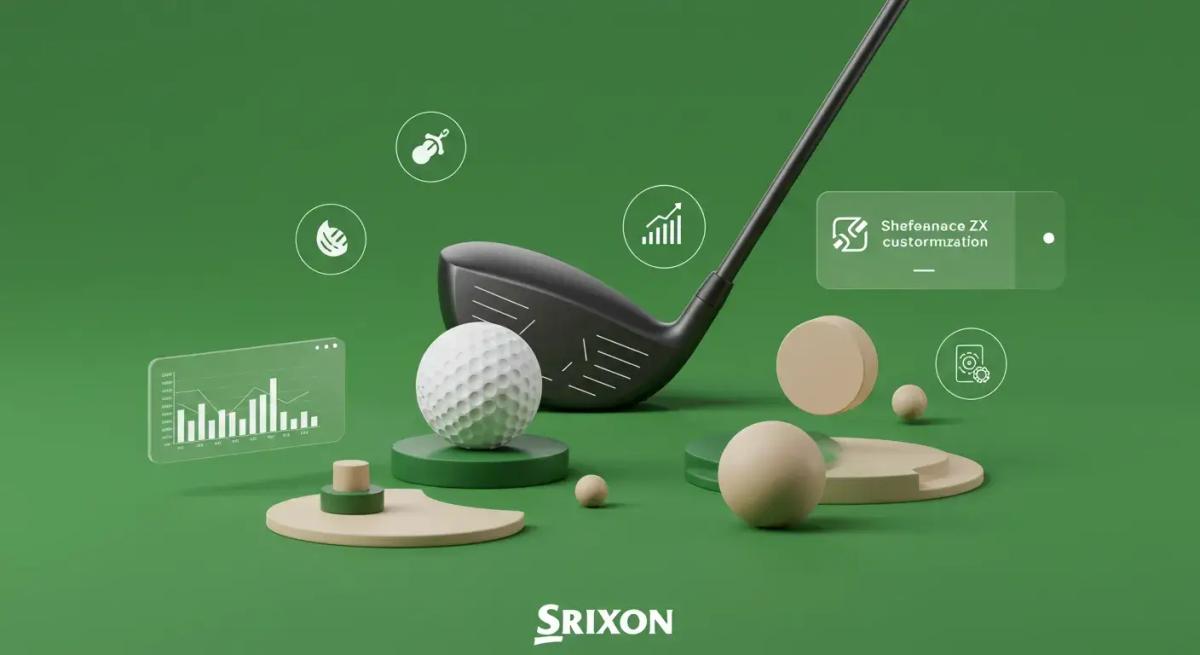 抽象的なイラストで、シンボリックなゴルフクラブやボール、データ比較グラフが浮かぶ。隅にSRIXONロゴがあり、ZXカスタム・比較の雰囲気が伝わる高級感あるイメージ。