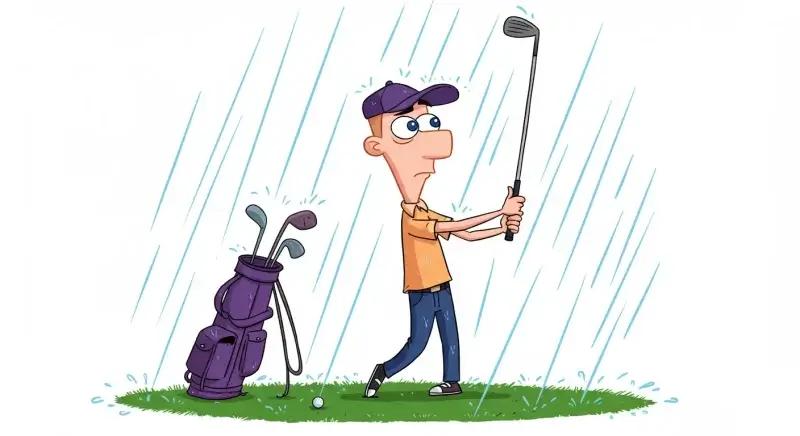 雨の中でプレーするゴルファーのイラスト。背景は白。