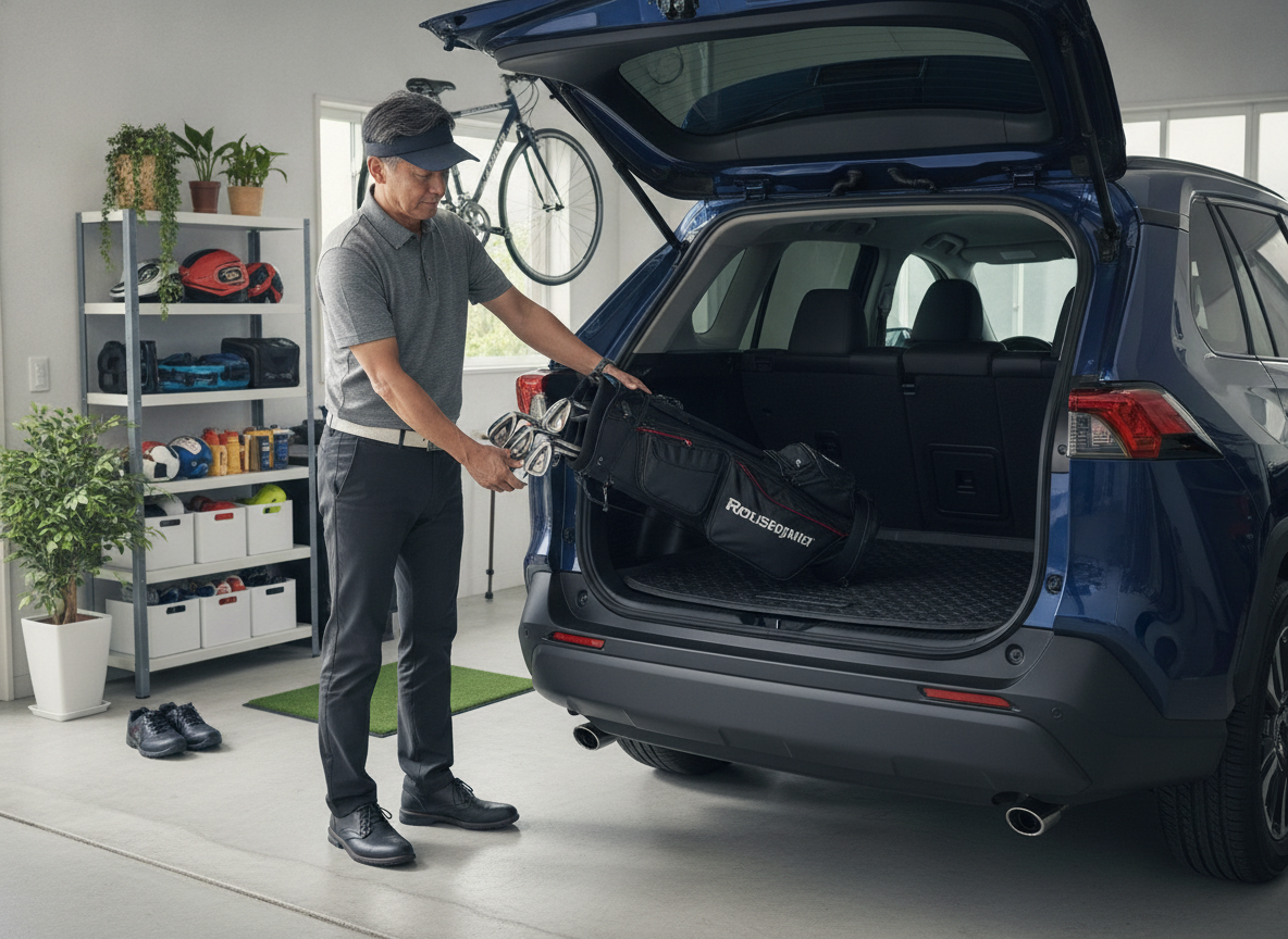 SUVの広いトランクにゴルフバッグを積み込む男性。ゴルフバッグが積める車のイメージ。