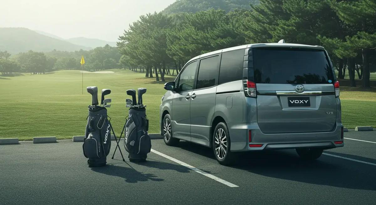 ゴルフ場の駐車エリアで停車するヴォクシー。開いたテールゲート付近に4つのゴルフバッグが見え、余裕ある積載感を示す。中〜遠景、自然光で落ち着いたクールトーン。ロゴは画像の端に小さく配置(車・バッグ上は不可)。
