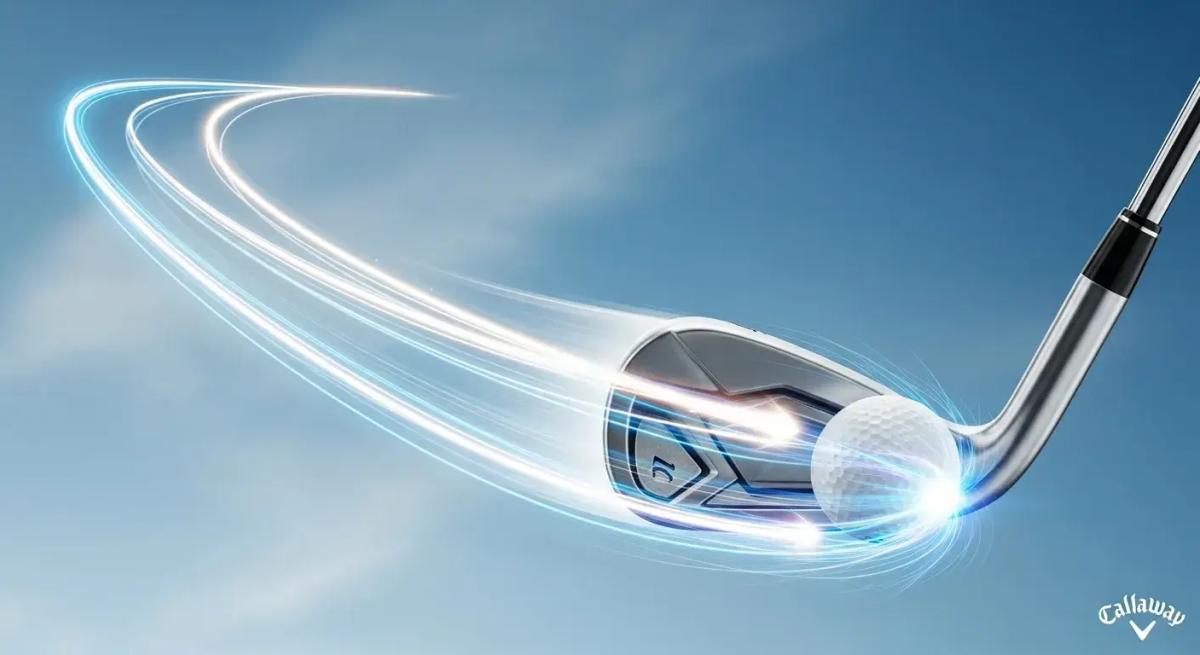 ボールを打ち出す抽象的なゴルフアイアンのシーン。光の軌跡でスピード感と飛距離を表現。背景は青空、ロゴは端に控えめに配置。具体的なデザインは描かない。