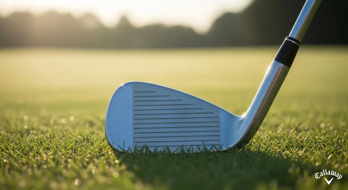 芝生の上に置かれた抽象的なアイアンのイメージ。金属の質感を保ちながらもブランドや形状を特定できない構成。柔らかな朝の光と浅い被写界深度で“やさしさ”を表現。