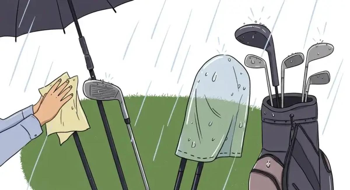 雨の日のゴルフでクラブやギアの性能低下を防ぐためのメンテナンスと保管のポイントを表現したイラスト