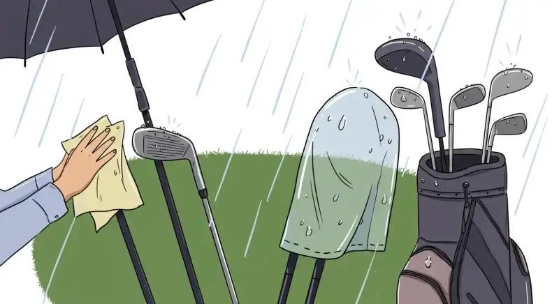 雨の日のゴルフでクラブやギアの性能低下を防ぐためのメンテナンスと保管のポイントを表現したイラスト