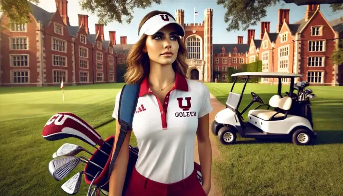 フロリダ大学キャンパスの背景に立つモルガン・メトロー。彼女はゴルフクラブを持ち、大学のロゴが入った白と赤のゴルフウェアを着用しています。彼女の後ろにはゴルフカートと古いレンガ造りの建物が見え、プロフェッショナルで自信に満ちた表情をしています。