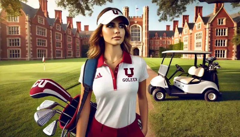 フロリダ大学キャンパスの背景に立つモルガン・メトロー。彼女はゴルフクラブを持ち、大学のロゴが入った白と赤のゴルフウェアを着用しています。彼女の後ろにはゴルフカートと古いレンガ造りの建物が見え、プロフェッショナルで自信に満ちた表情をしています。